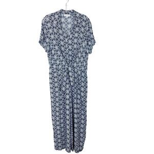 Luxology Womens Tie Front Jumpsuit Size L Blue Floral Lightweight Casual Pockets